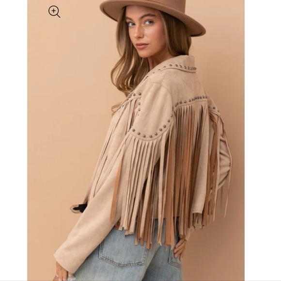Blue B Collection Faux Suede Fringe Studded Cropped Jacket, Size Medium - Picture 2 of 13